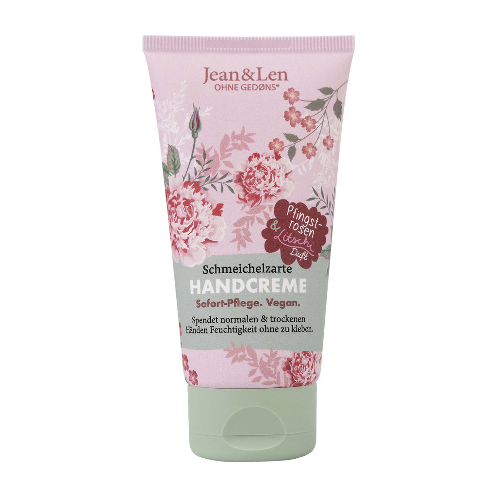 Jean&Len Peony & Lychee hand cream tube with floral design on a white background