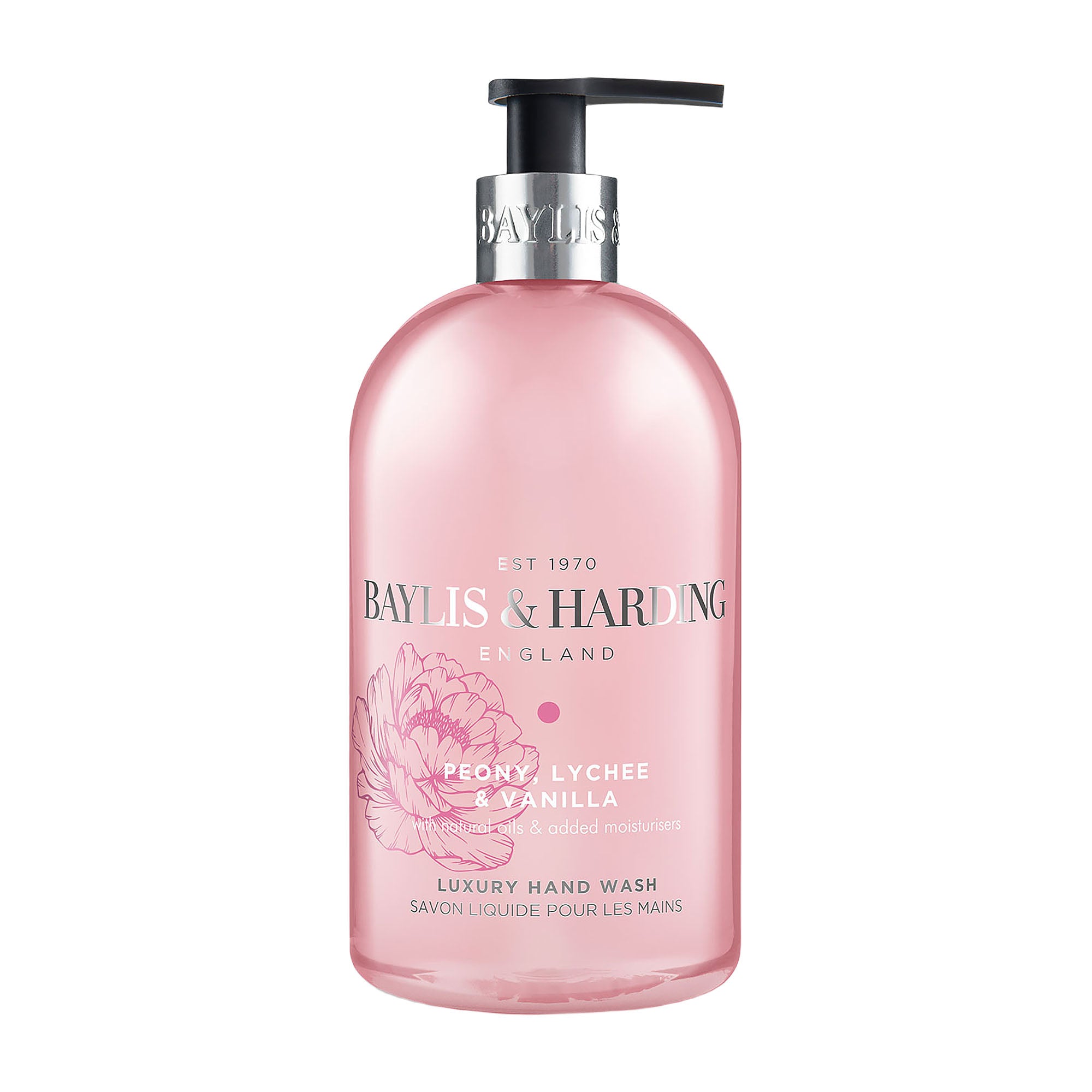 Baylis & Harding Peony, Lychee & Vanilla luxury hand wash in a pink pump bottle.