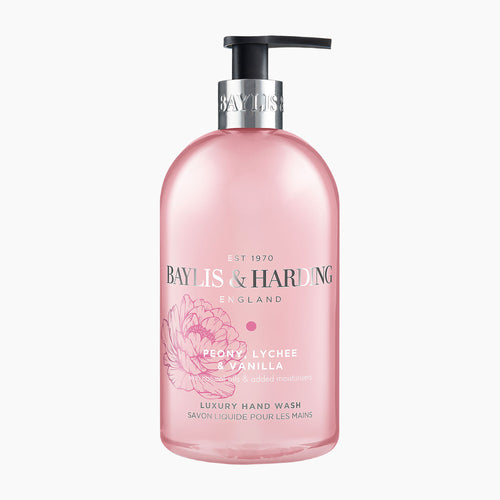 A bottle of Baylis & Harding Luxury Hand Wash in Peony Lychee & Vanilla, featuring a translucent pink bottle with a black pump dispenser and silver collar, set against a plain white background.