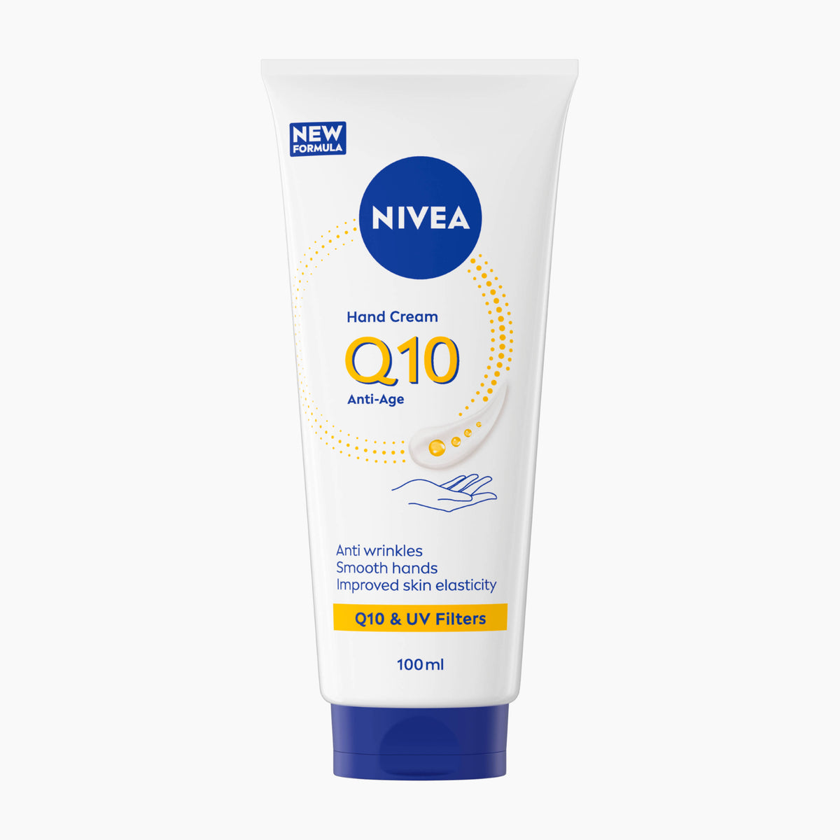 Nivea Q10 Anti-Age Hand Cream in a white squeeze tube with a blue cap, featuring yellow and blue text and graphics on a light gray background.