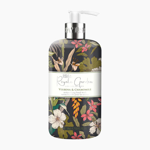 A bottle of Baylis & Harding Royal Garden hand wash in the Verbena & Chamomile scent, featuring a dark floral pattern with green leaves, pink flowers, and white accents, topped with a white pump dispenser.