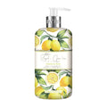 Baylis & Harding Royale Garden lemon & basil hand wash in a floral-designed bottle with a pump dispenser, featuring illustrations of lemons and basil.