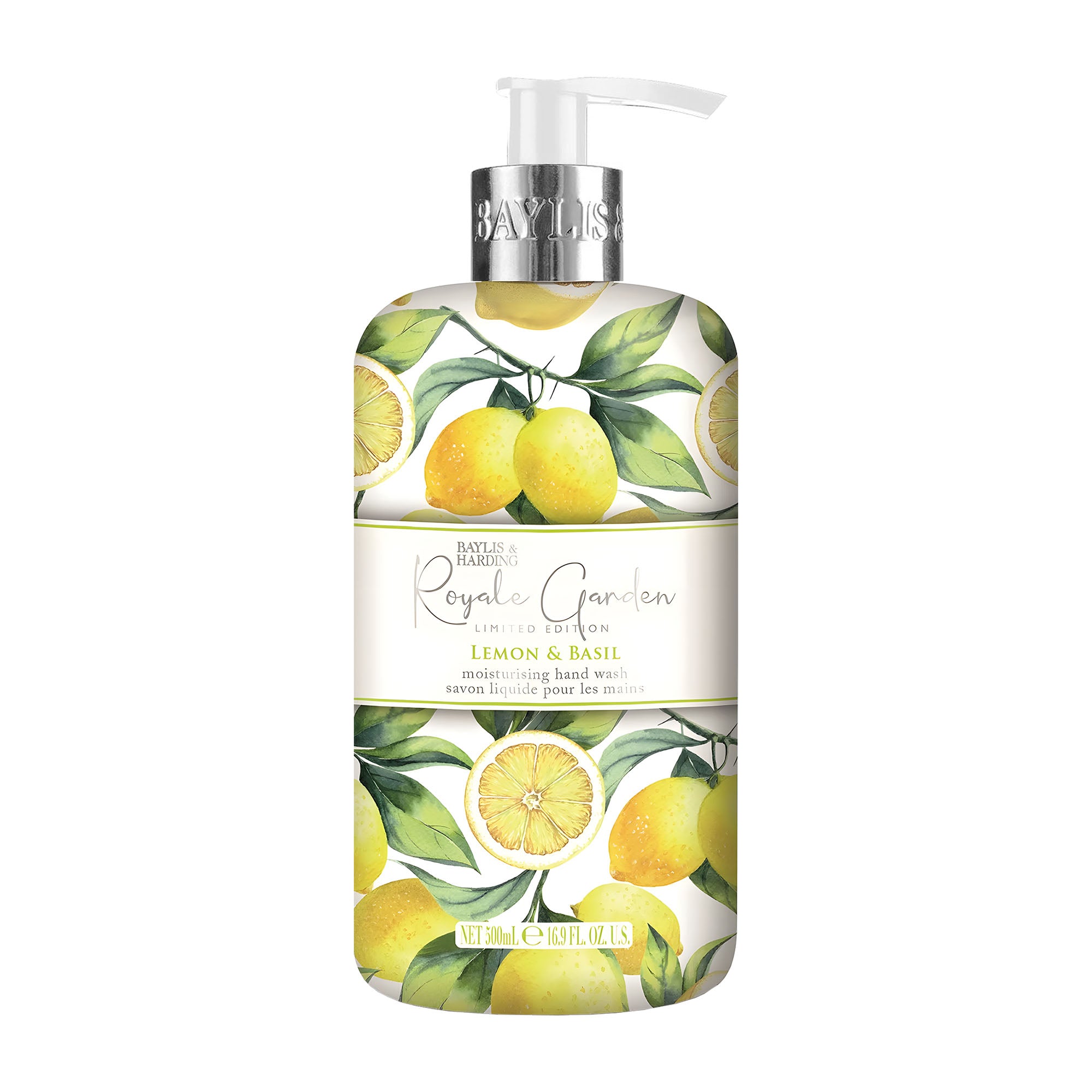 Baylis & Harding Royale Garden lemon & basil hand wash in a floral-designed bottle with a pump dispenser, featuring illustrations of lemons and basil.