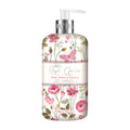 A pump bottle of Baylis & Harding Royale Garden hand wash with a floral design featuring roses, poppies, and vanilla.