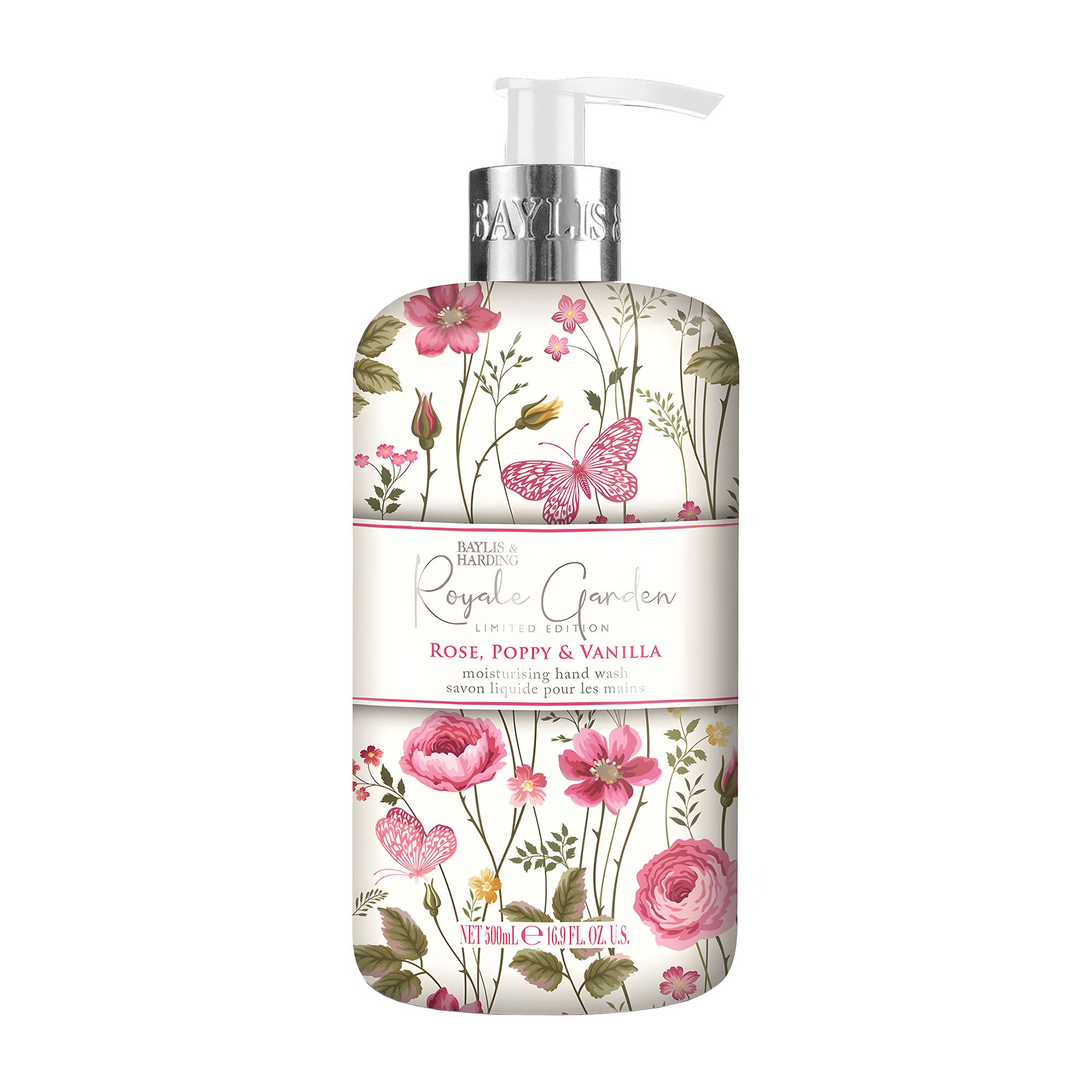A pump bottle of Baylis & Harding Royale Garden hand wash with a floral design featuring roses, poppies, and vanilla.