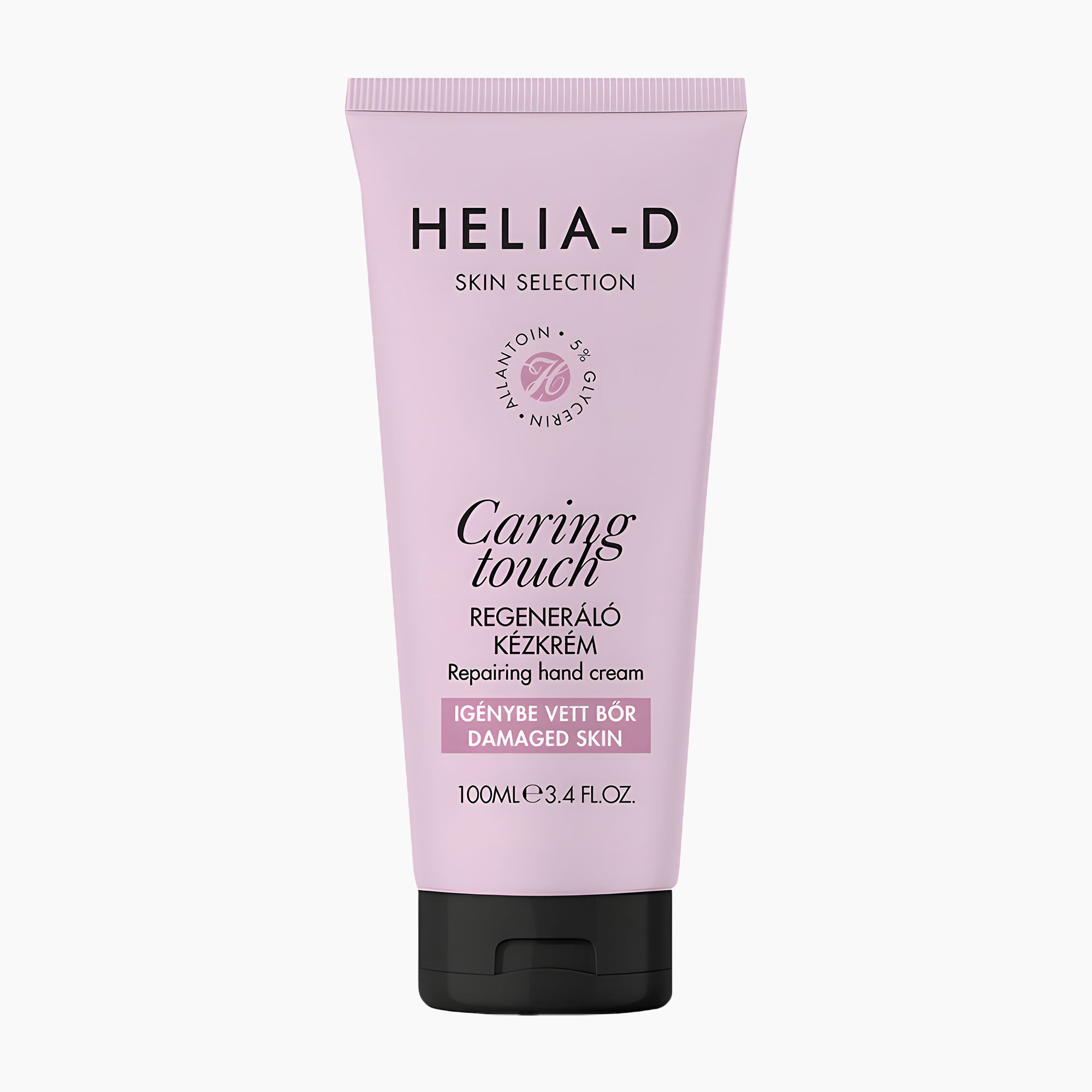 Helia-D Caring Touch Reparative Hand Cream in a light pink squeeze tube with a black cap, shown on a light gray background.