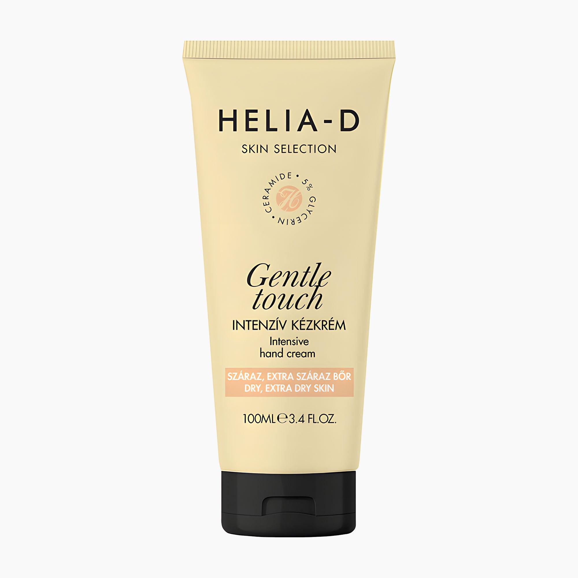 Helia-D Skin Selection Gentle Touch Intensive Hand Cream in a 100ml squeeze tube with a black cap, shown on a light gray background.