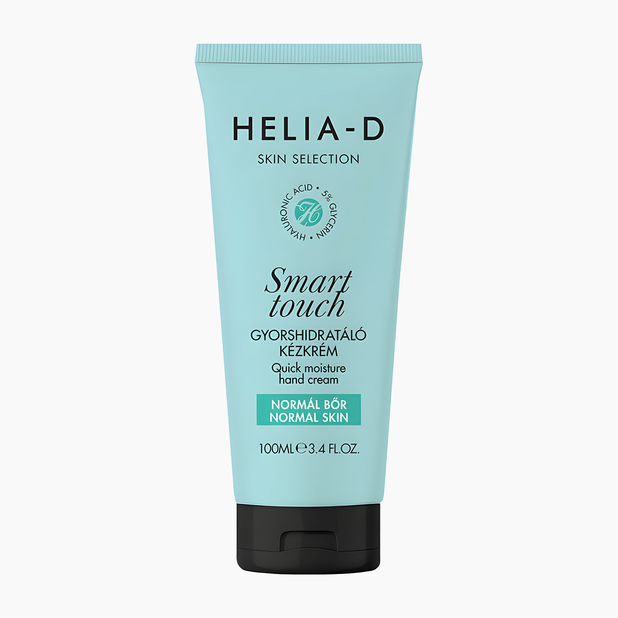Helia-D Smart touch quick moisture hand cream in a light blue squeeze tube with a black cap, shown on a plain white background.