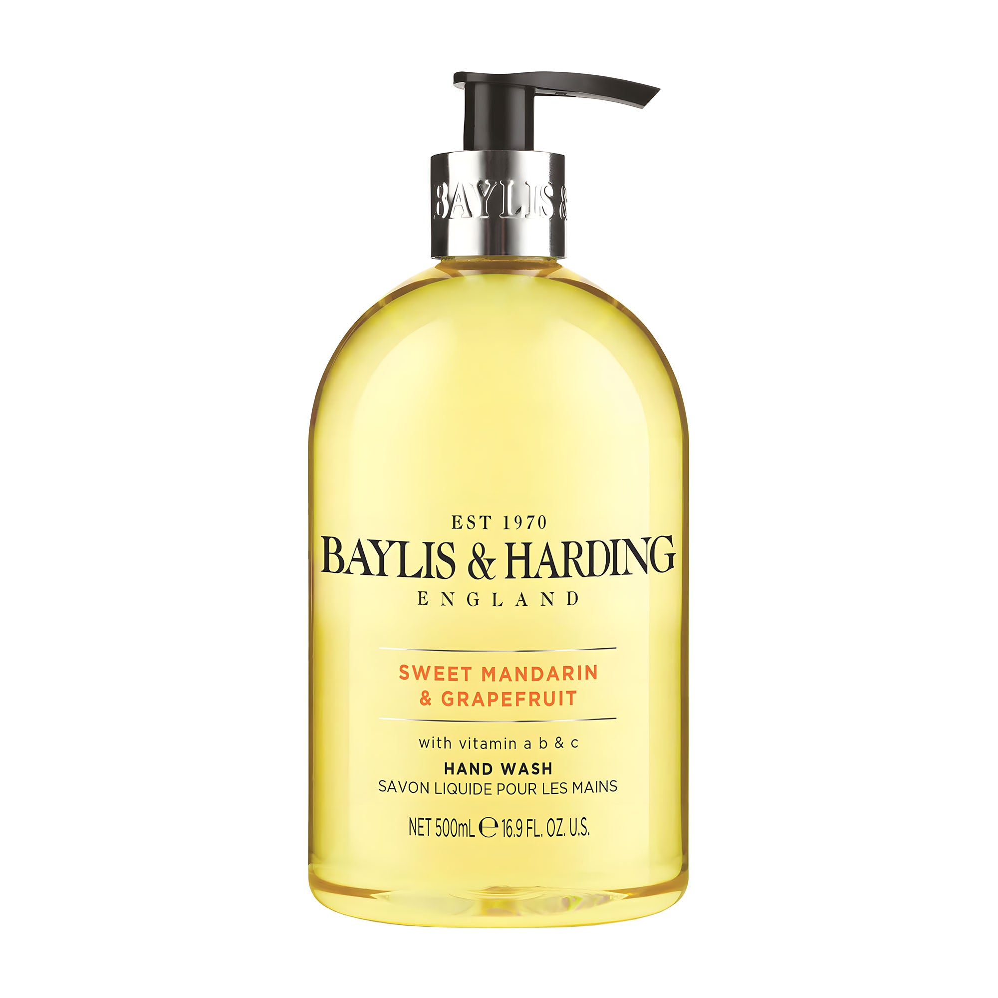 Baylis & Harding Sweet Mandarin & Grapefruit hand wash in a clear pump bottle with yellow liquid visible inside.