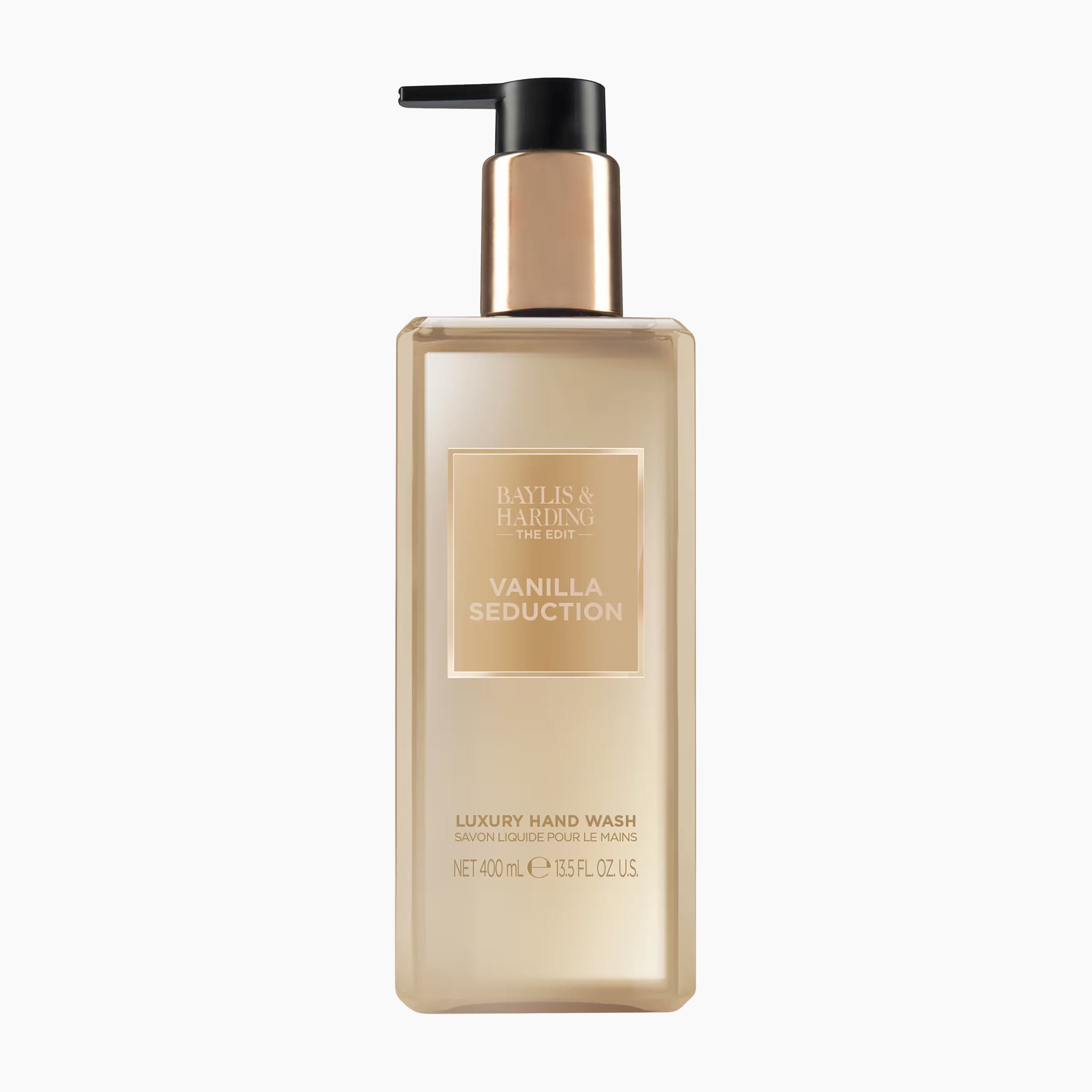 A bottle of Baylis & Harding Vanilla Seduction Luxury Hand Wash with a black pump and a metallic gold cap, set against a plain white background.