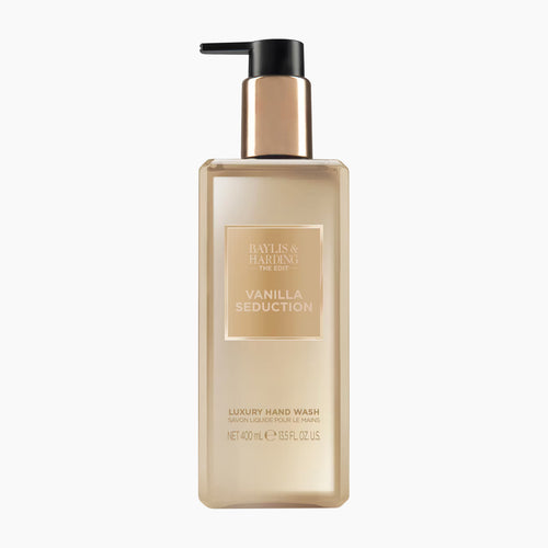 A bottle of Baylis & Harding Vanilla Seduction Luxury Hand Wash with a black pump and a metallic gold cap, set against a plain white background.