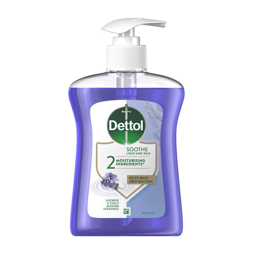 Dettol Soothe liquid hand wash bottle with pump on a white background