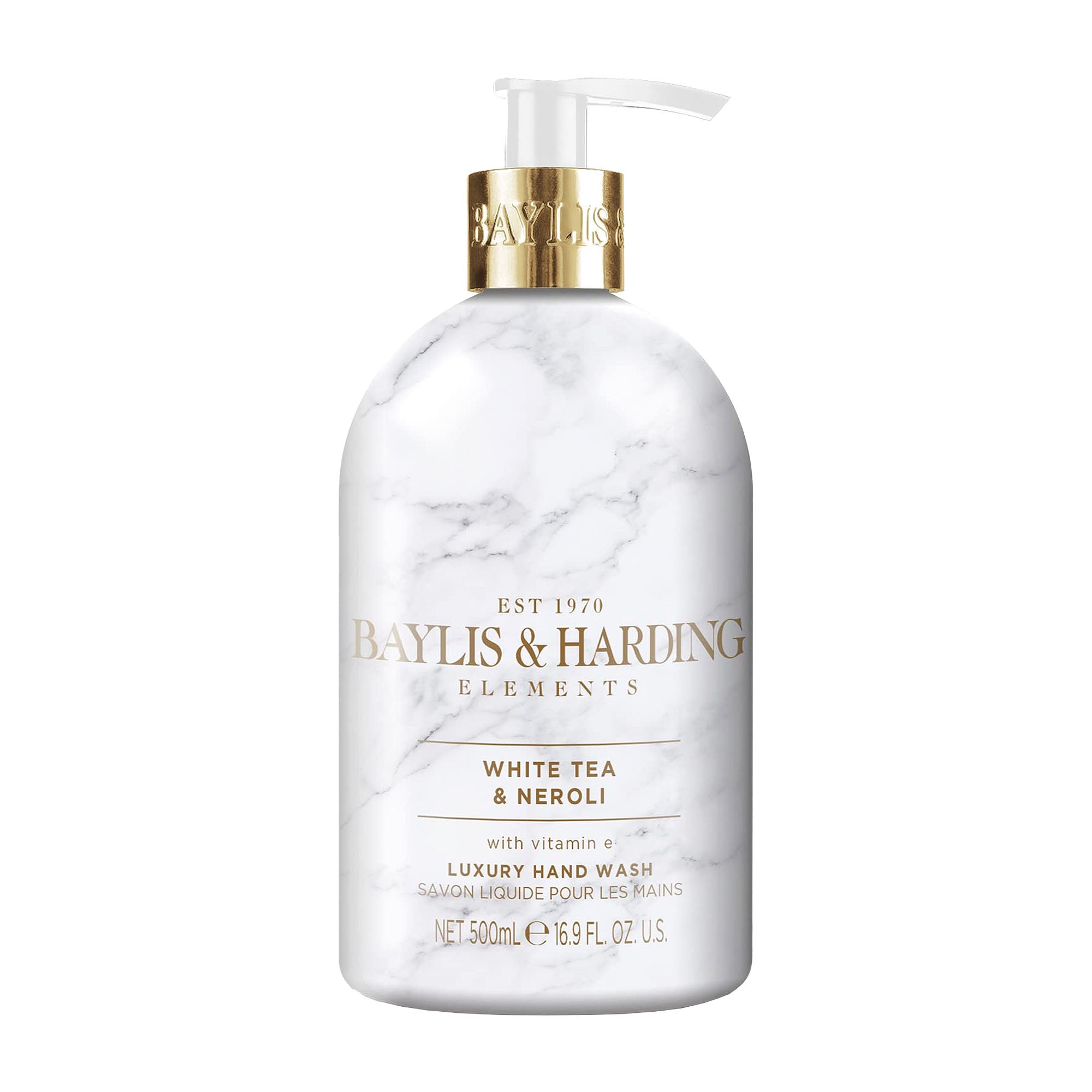 Baylis & Harding White Tea & Neroli luxury hand wash in a 500 mL white marble-effect bottle with a gold pump.