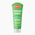 A 80ml squeeze tube of O'Keeffe's Working Hands intensive hand cream, featuring a bright green body with white text and a red brand logo, set against a plain white background.
