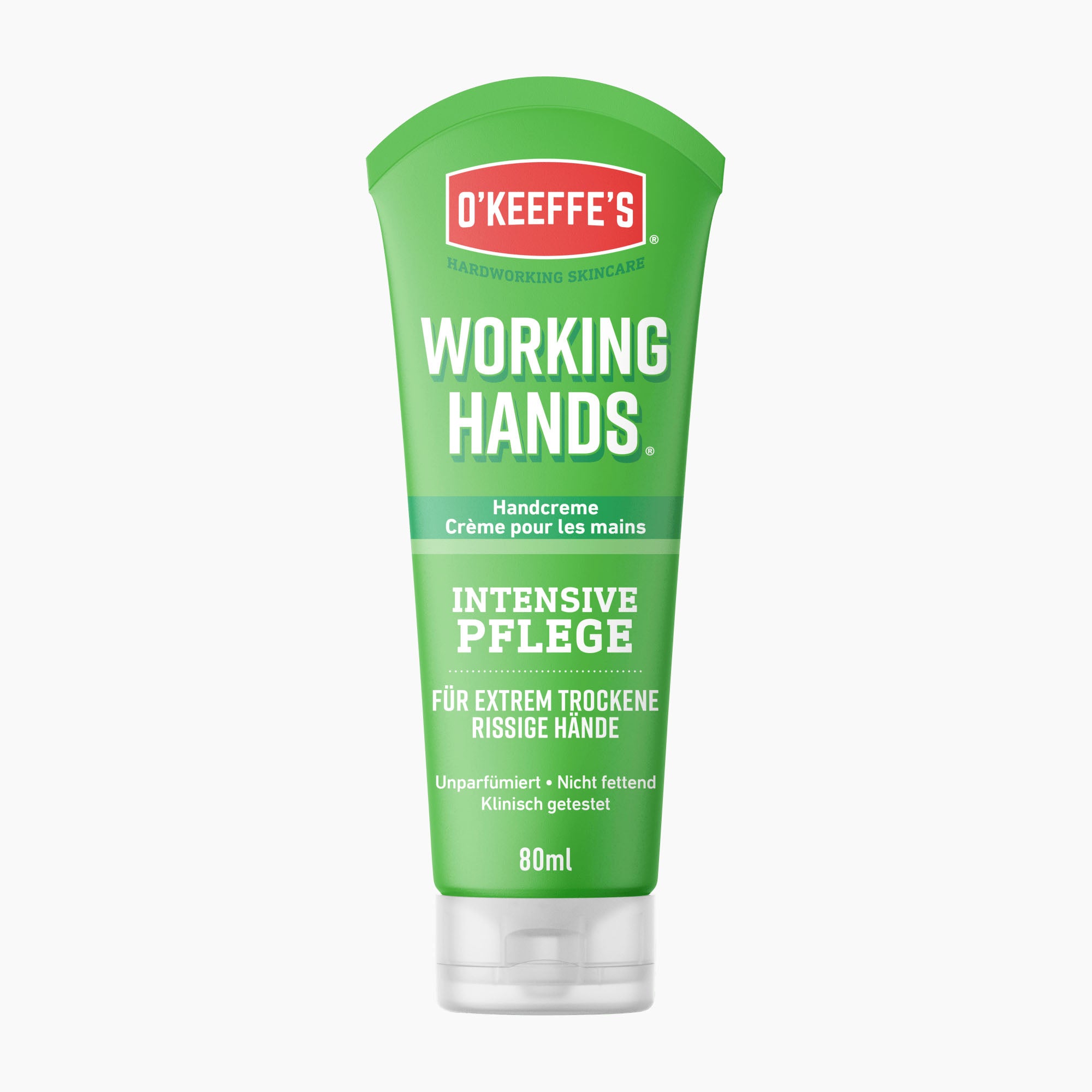A 80ml squeeze tube of O'Keeffe's Working Hands intensive hand cream, featuring a bright green body with white text and a red brand logo, set against a plain white background.
