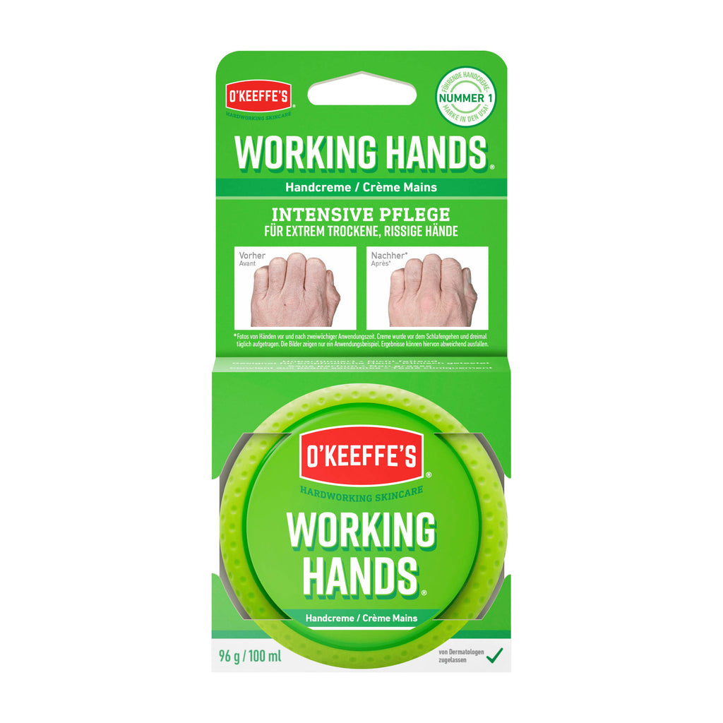 Packaging of O'Keefe's Working Hands Intensive Hand Cream, showing the product and its key features such as being unscented and having intense P.T.