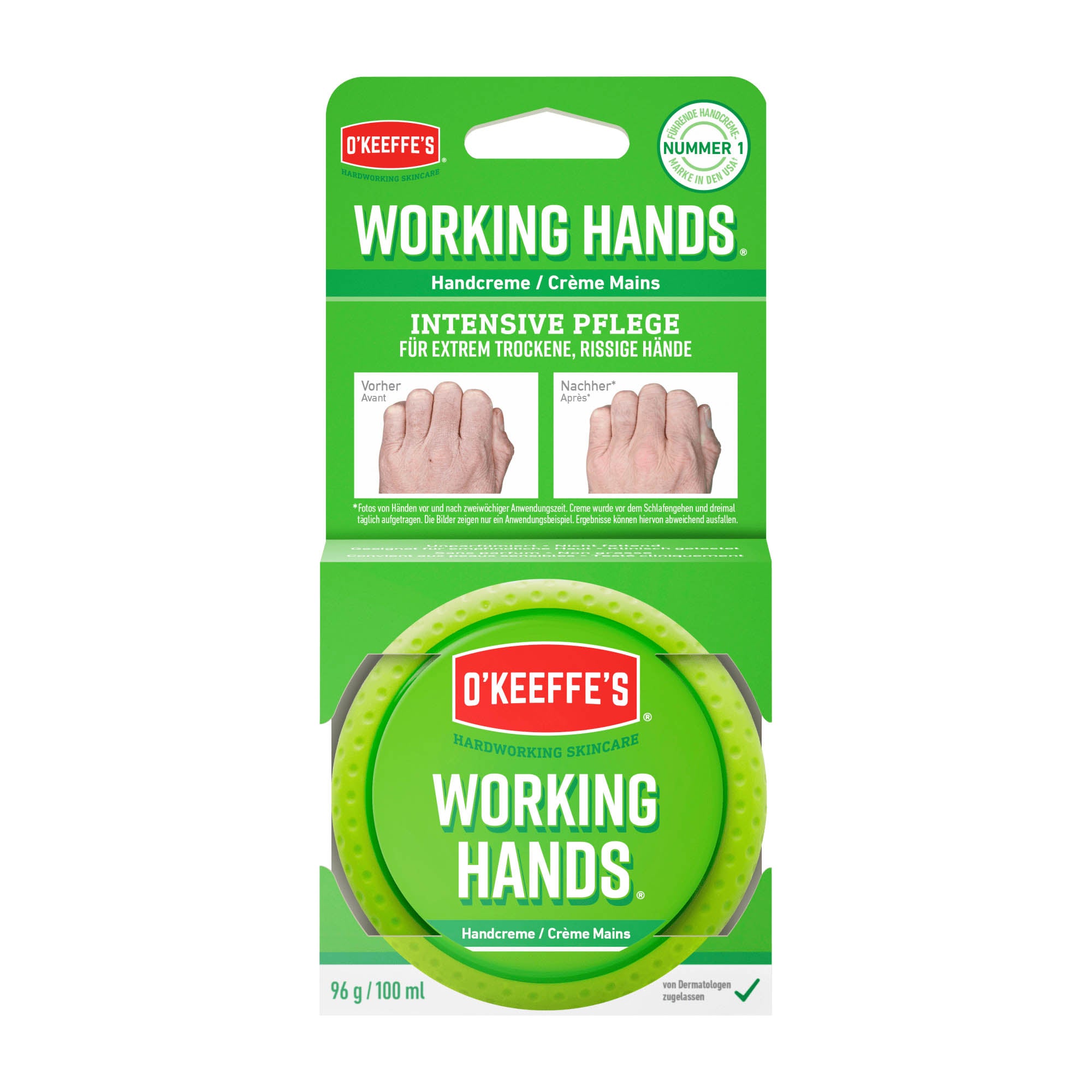 Packaging of O'Keefe's Working Hands Intensive Hand Cream, showing the product and its key features such as being unscented and having intense P.T.