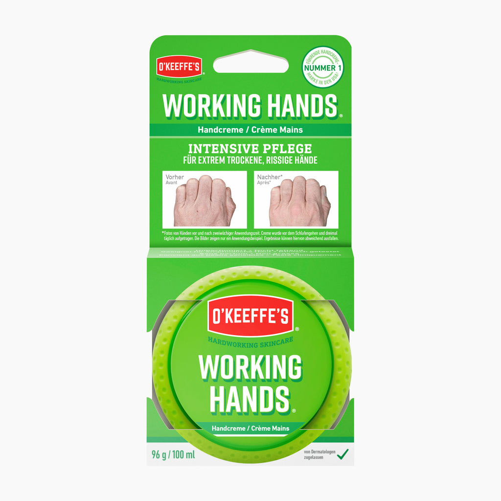 O'Keeffe's Working Hands intensive hand cream in its original green retail packaging, featuring a circular lime-green container visible through a clear window on a white background.