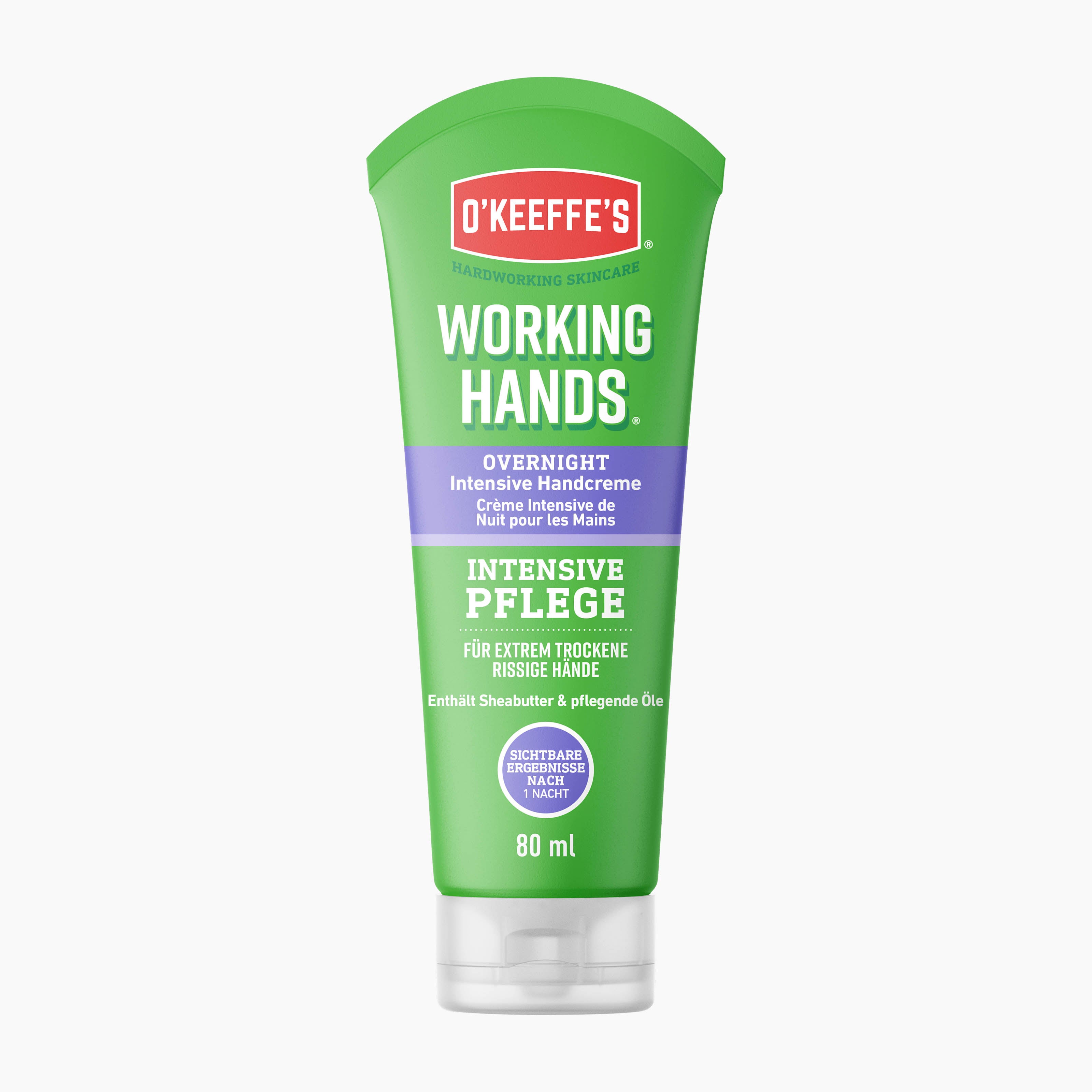 O'Keeffe's Working Hands Overnight Intensive Hand Cream in an 80ml squeeze tube, featuring a bright green body with white and purple text and a clear cap, set against a plain light gray background.