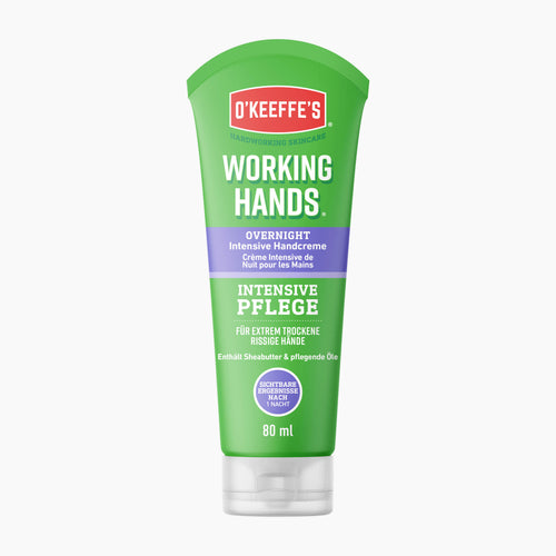 O'Keeffe's Working Hands Overnight Intensive Hand Cream in an 80ml squeeze tube, featuring a bright green body with white and purple text and a clear cap, set against a plain light gray background.