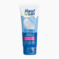 Handsan intensive hand cream 5% urea squeeze tube in blue and white packaging with a blue cap, shown on a light gray background.