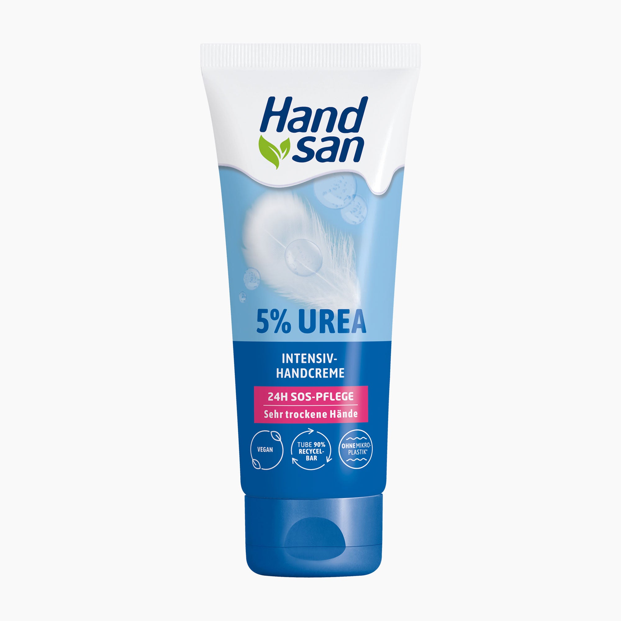 Handsan intensive hand cream 5% urea squeeze tube in blue and white packaging with a blue cap, shown on a light gray background.