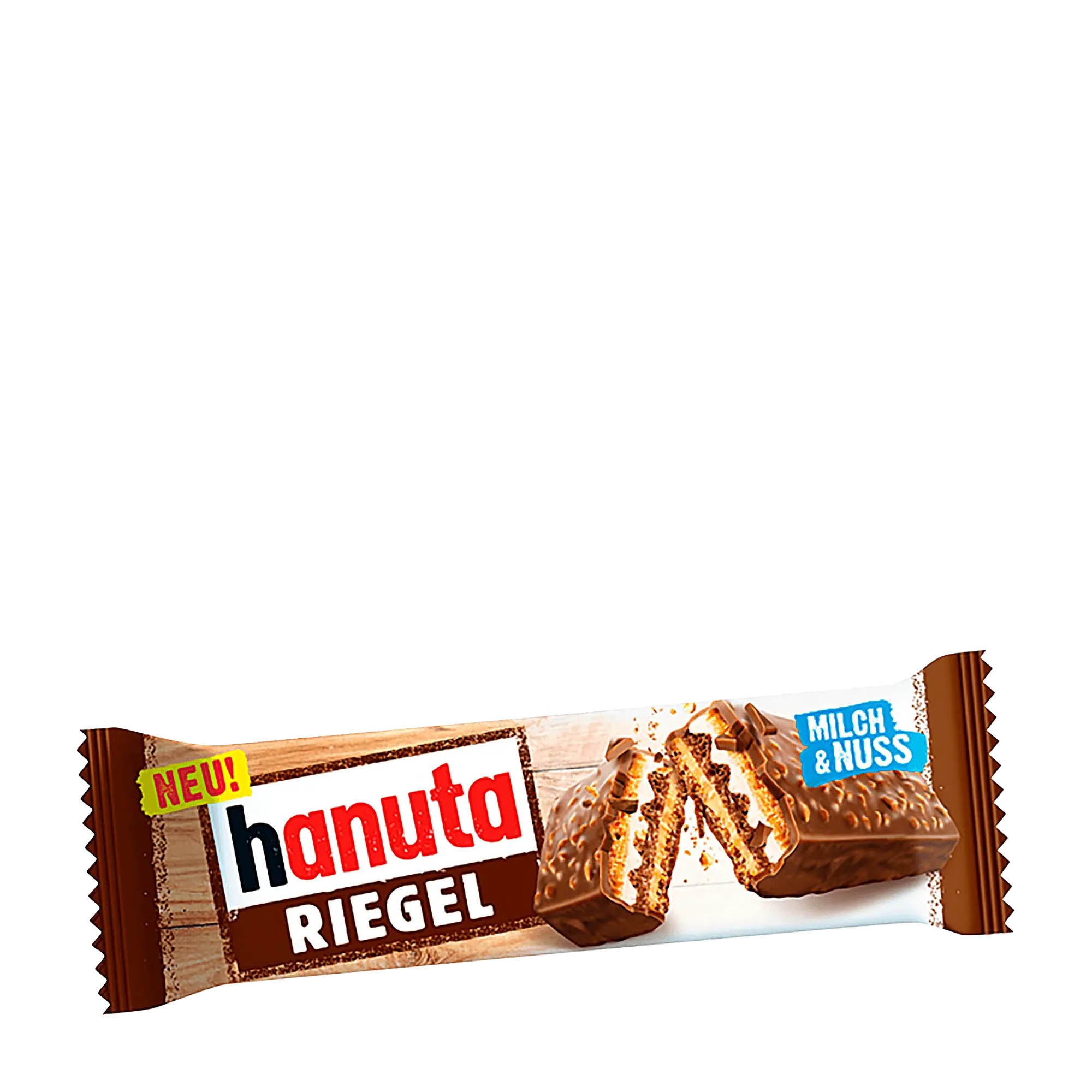 Packaging of Hanuta Riegel wafer bar showing the product name and a picture of the chocolate bar with hazelnut pieces and cream layers.