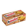Packaging of hanuta Hazelnut Slice wafer bar showing the brand logo, images of the wafer bars, and the number of bars included.