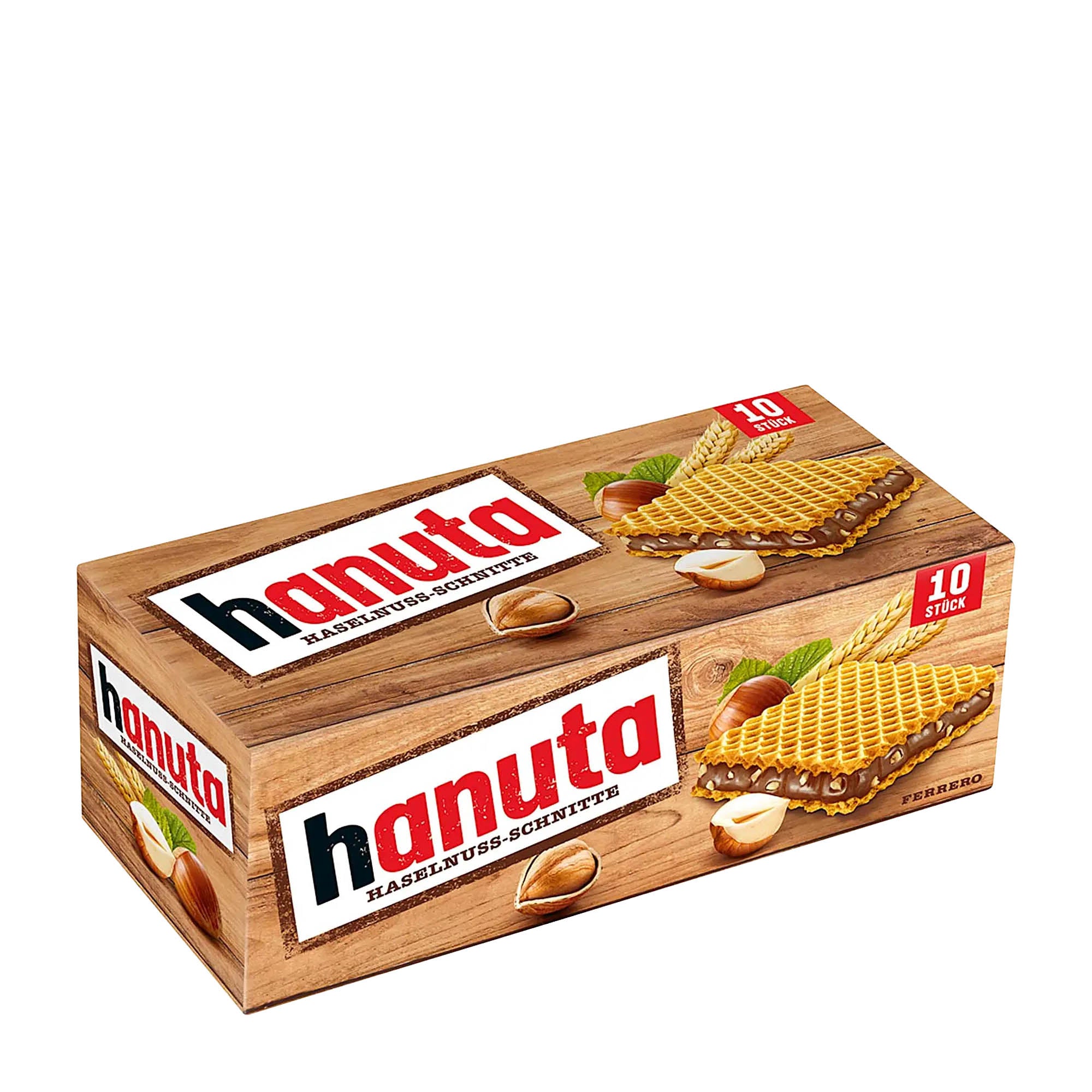 Packaging of hanuta Hazelnut Slice wafer bar showing the brand logo, images of the wafer bars, and the number of bars included.