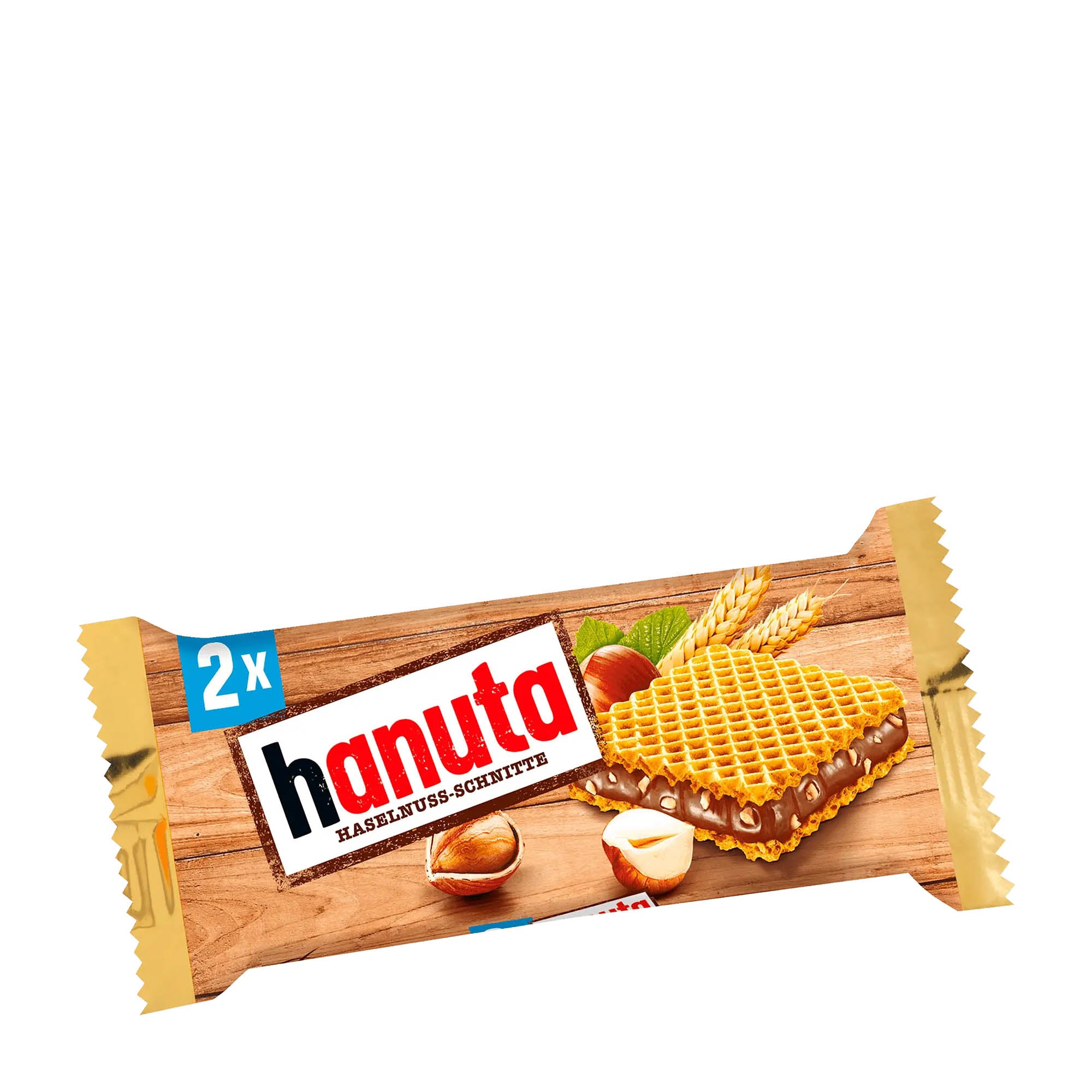 Packaging of hanuta Hazelnut Slice wafer bar showing the brand logo, product image, and '2x' indicator denoting two bars inside.