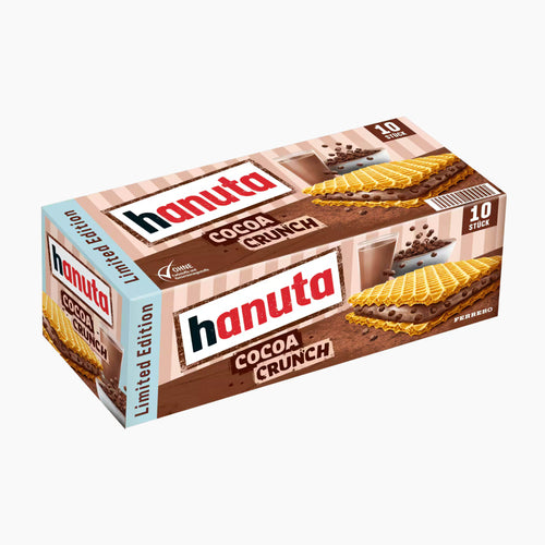 A box of Hanuta Cocoa Crunch wafer cookies, Limited Edition, containing 10 stacks, shown on a plain white background.
