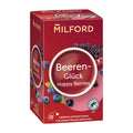A box of Milford Happy Berries fruit tea with an image of blueberries and a cup of tea on the front.