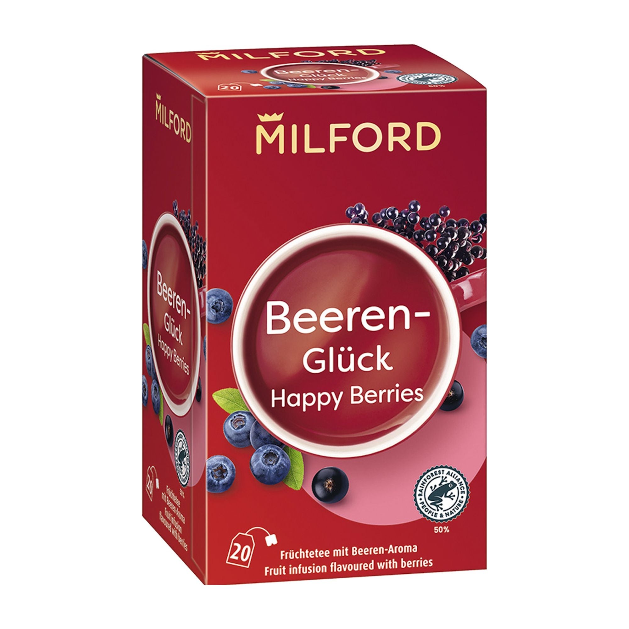 A box of Milford Happy Berries fruit tea with an image of blueberries and a cup of tea on the front.