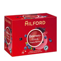 A box of Milford Happy Berries fruit tea with an image of blueberries and a cup of tea on the front.