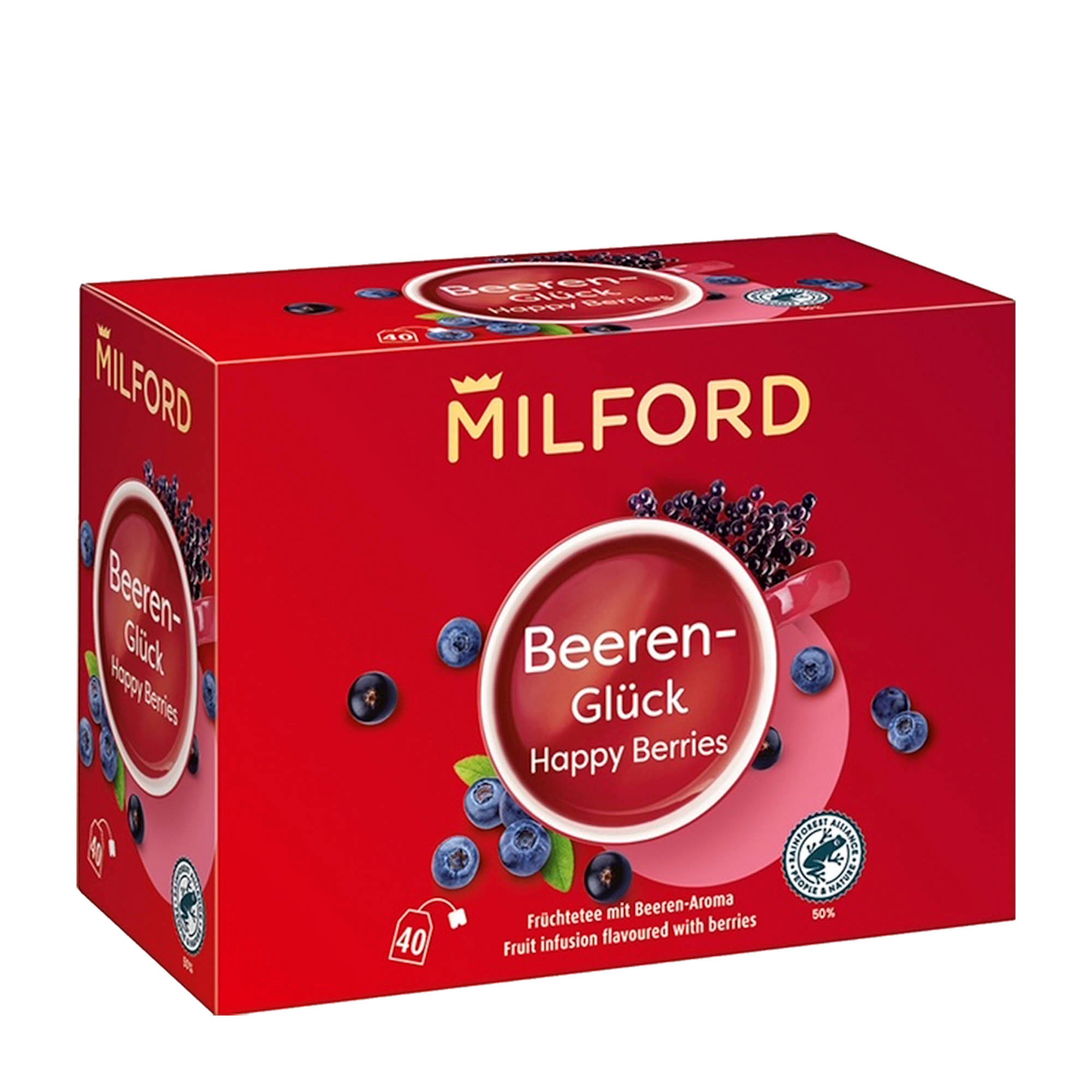 A box of Milford Happy Berries fruit tea with an image of blueberries and a cup of tea on the front.