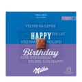 Milka chocolate box with a birthday message in multiple languages on a blue and purple background