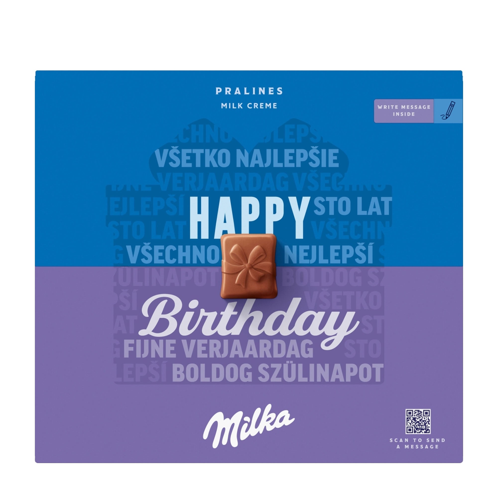 Milka chocolate box with a birthday message in multiple languages on a blue and purple background