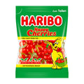 Packaging of Haribo Happy Cherries fruit gummy candies, featuring the product name and a cartoon bear character.