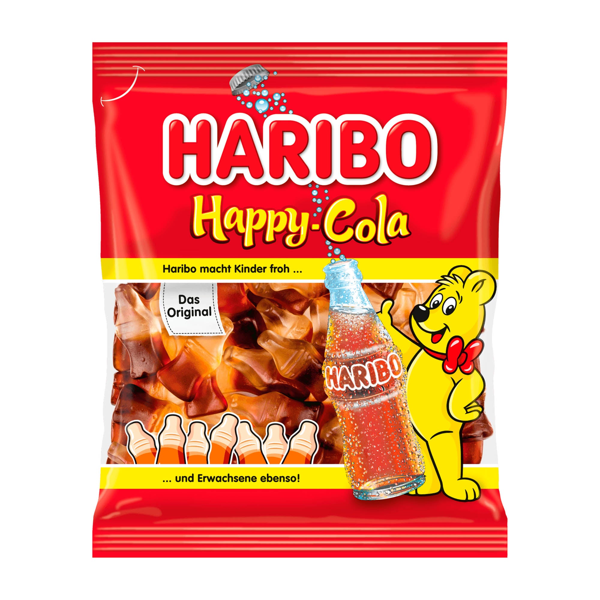 A package of Haribo Happy Cola fruit gummy candies featuring the Haribo logo and a cartoon bear on a red background.