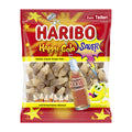 Haribo Happy Cola Sour packaging with gummy candies and a bottle on a white background