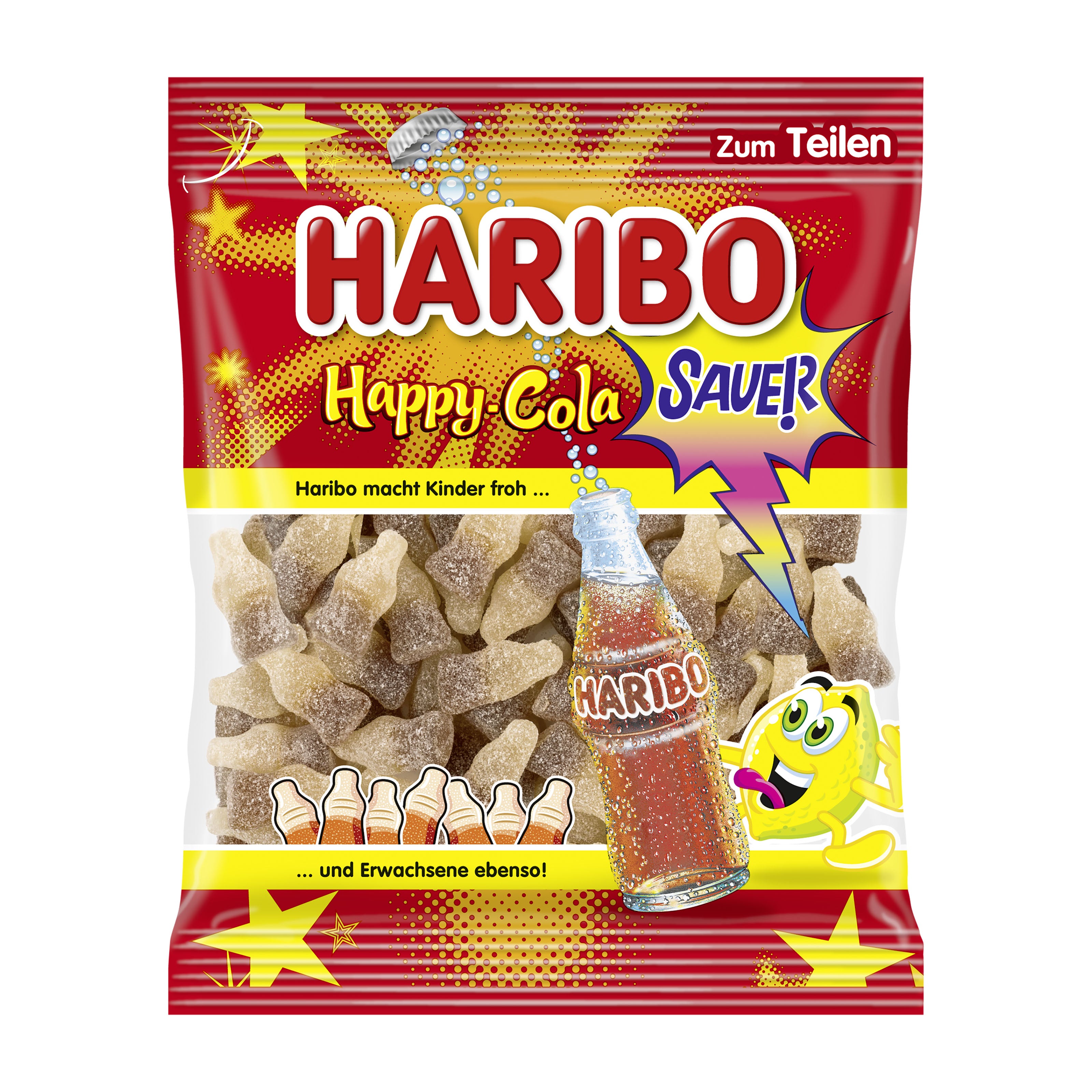 Haribo Happy Cola Sour packaging with gummy candies and a bottle on a white background