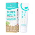 Happybrush Super White whitening toothpaste packaging and tube on a white background
