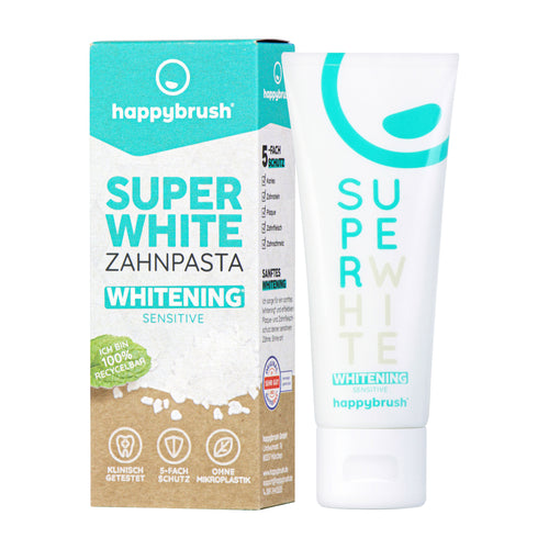 Happybrush Super White whitening toothpaste packaging and tube on a white background