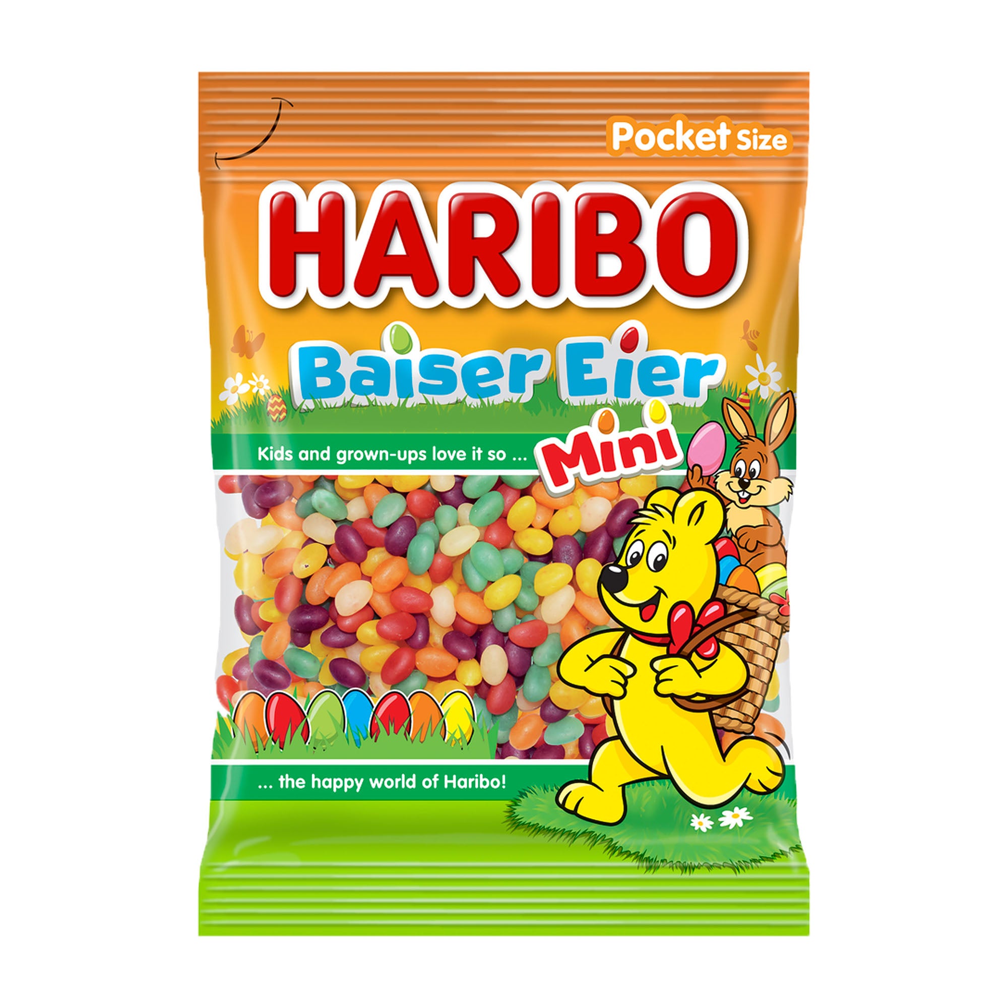 Haribo Baiser Eier Mini gummy candy package with cartoon bear and rabbit on a white background