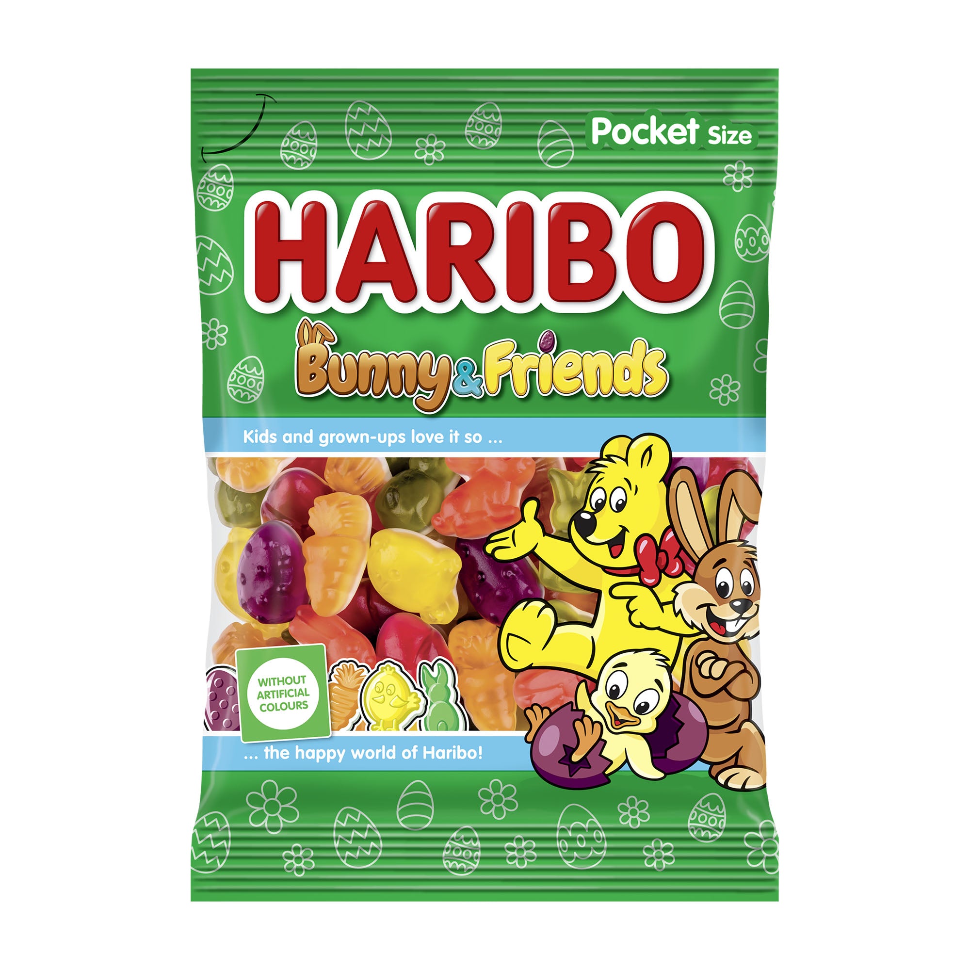 Haribo Bunny & Friends Gummy Candy packaging on a white background.