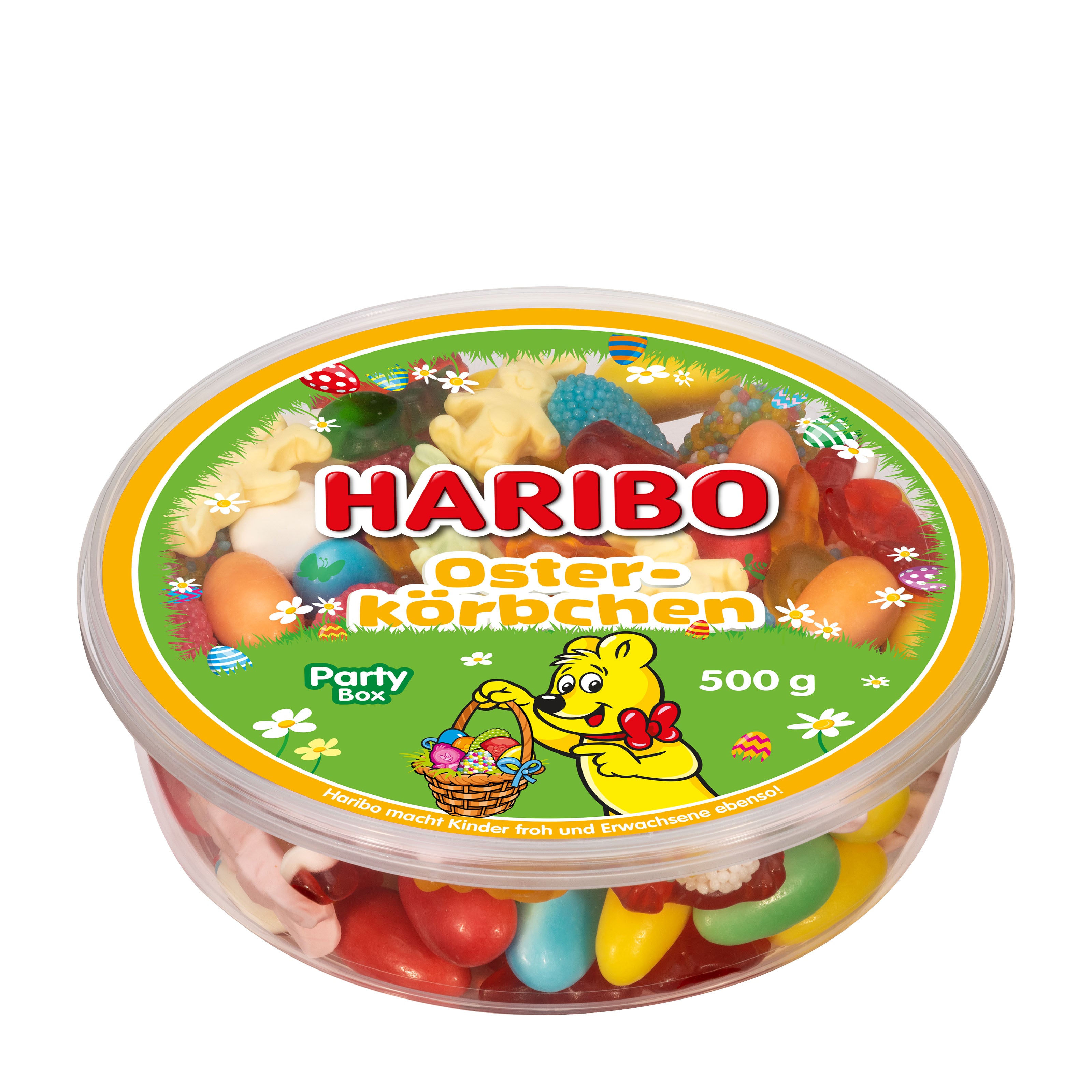 Haribo Easter Basket gummy candy container with colorful candies and a cartoon character on a white background