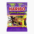A bag of Haribo Ghostly Gummies Pocket Size, featuring the iconic purple packaging with a clear window showing the colorful gummy candies inside, and cartoon characters including a pumpkin and a yellow bear.