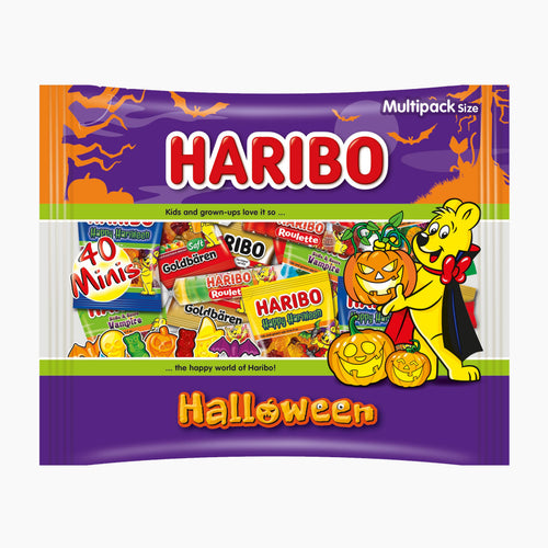 A package of Haribo Halloween Multipack gummy candy, featuring a purple and orange design with a cartoon bear in a cape, jack-o'-lanterns, and a collage of various Haribo candy packs.