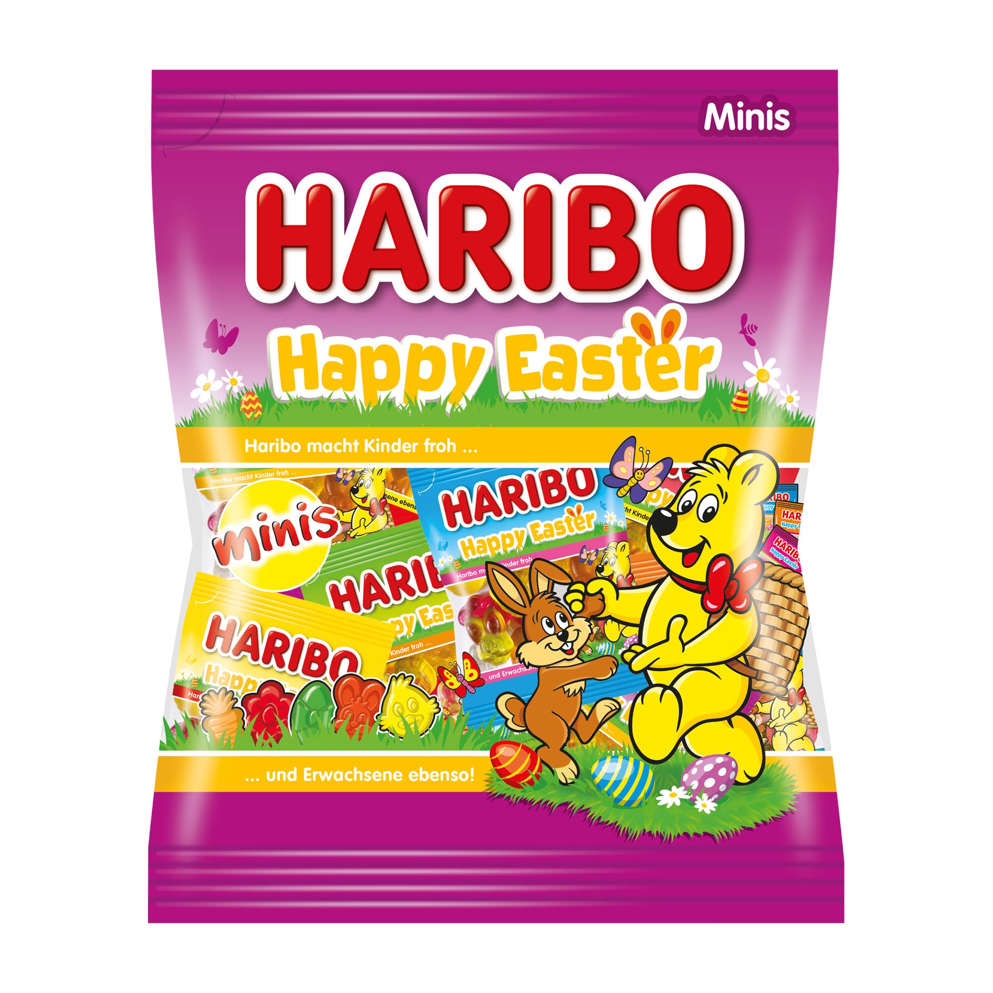Haribo Happy Easter gummy candy package with cartoon characters on a white background
