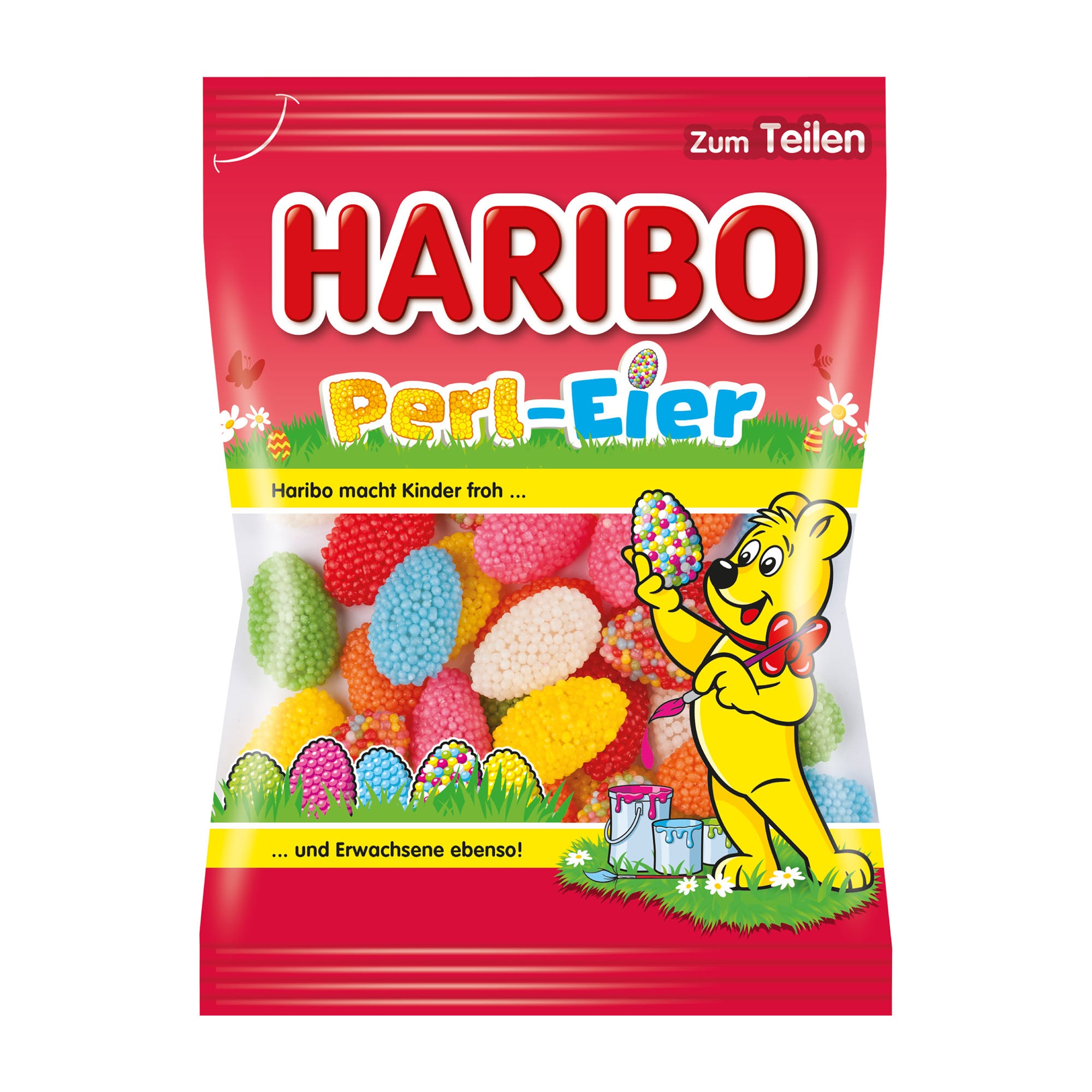 Haribo Perl-Eier jelly candy package with a cartoon bear holding a candy egg on a white background